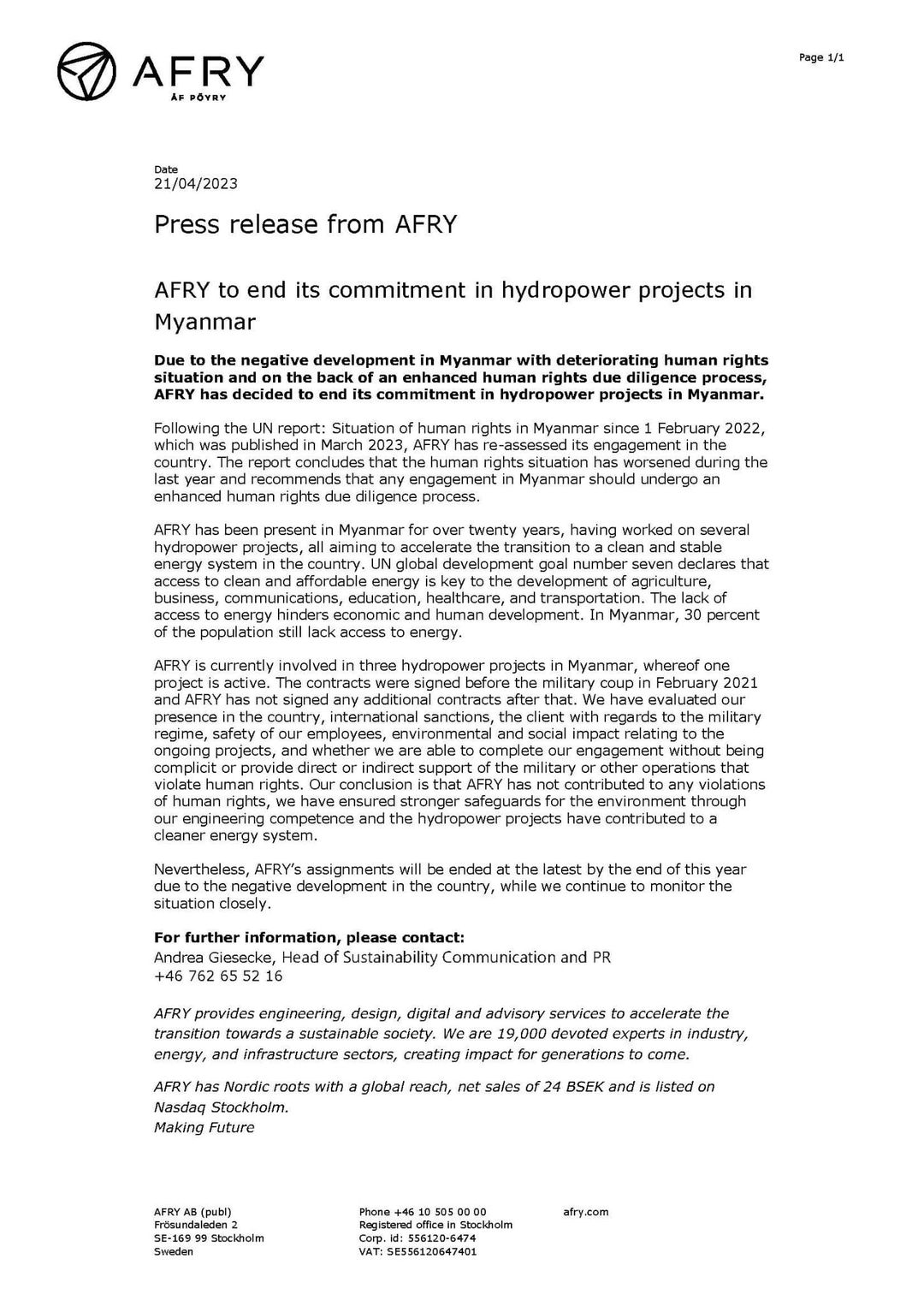 AFRY to end its commitment in hydropower projects in Myanmar